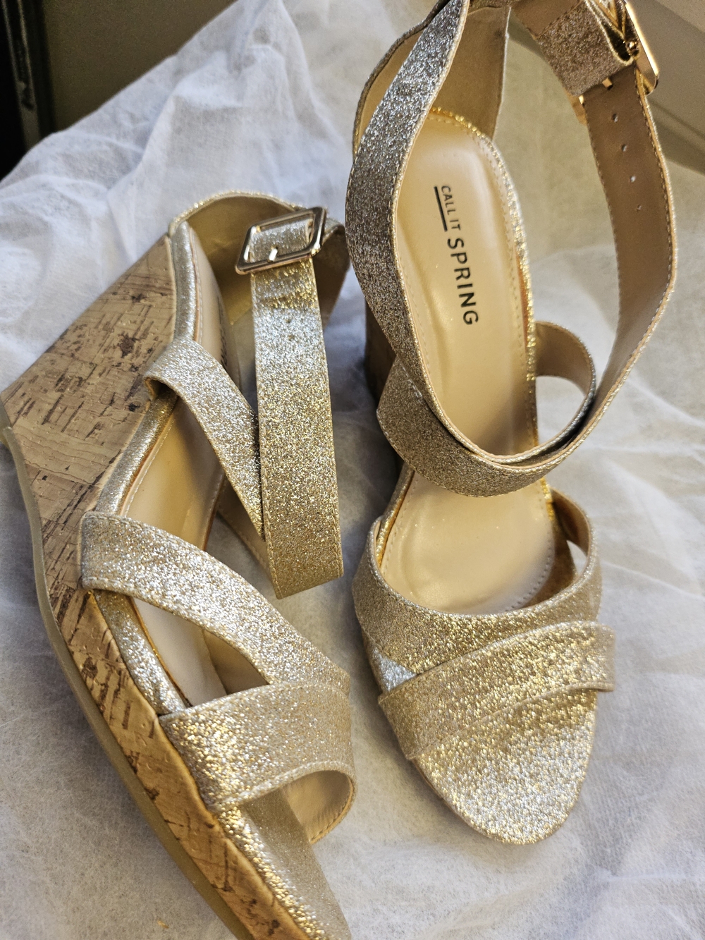 Call It Spring Glitter Gold Wedge Sandals with Ankle Strap